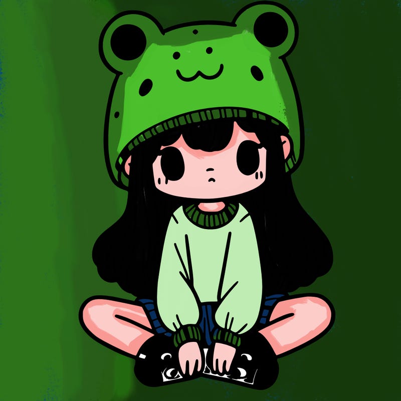 a girl wearing a frog hat and some frog socks