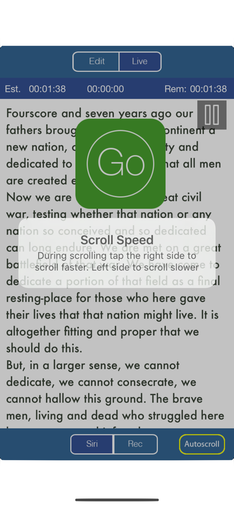 Teleprompter screen in the SpeechMaker app displaying speech text with a scroll speed instruction popup and a large green go button.