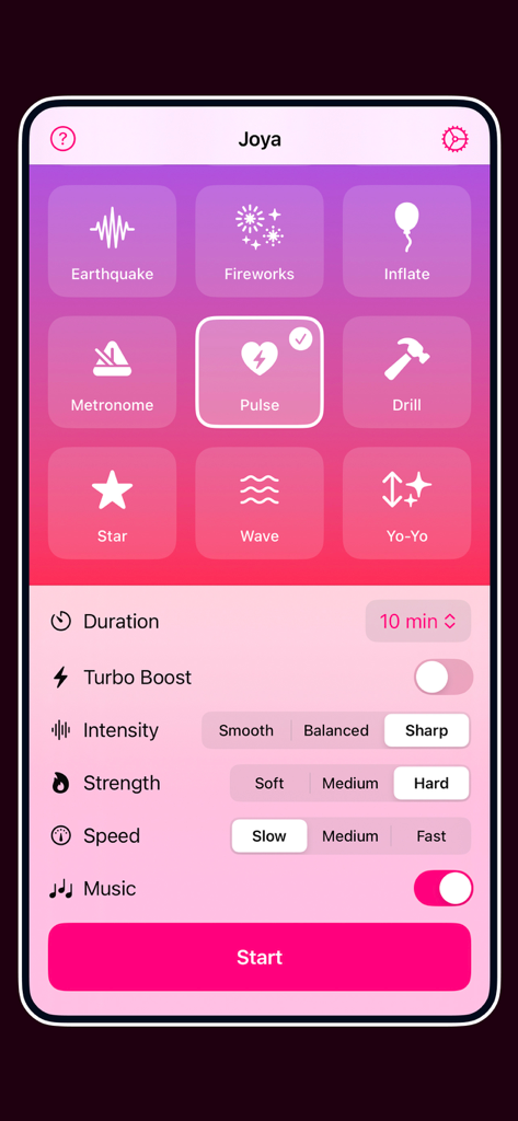 Vibrate Phone - Interfaz de la aplicación Vibrate Phone mostrando varios patrones de masaje y configuraciones de personalización de intensidad y velocidad.