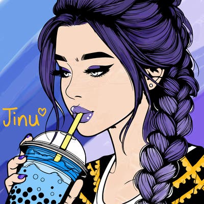 realistic girl drinking boba tea with braided hair