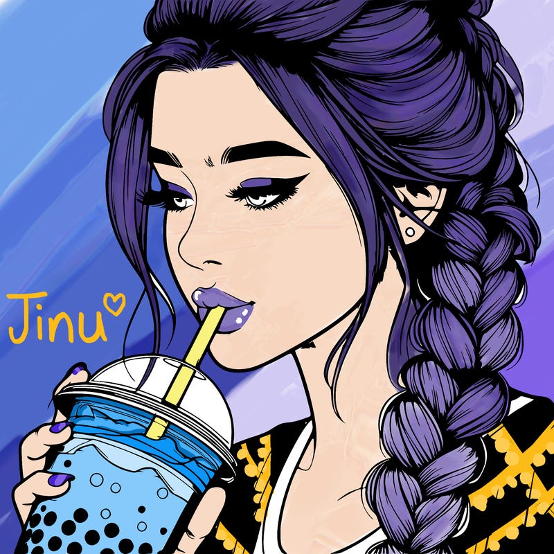 realistic girl drinking boba tea with braided hair