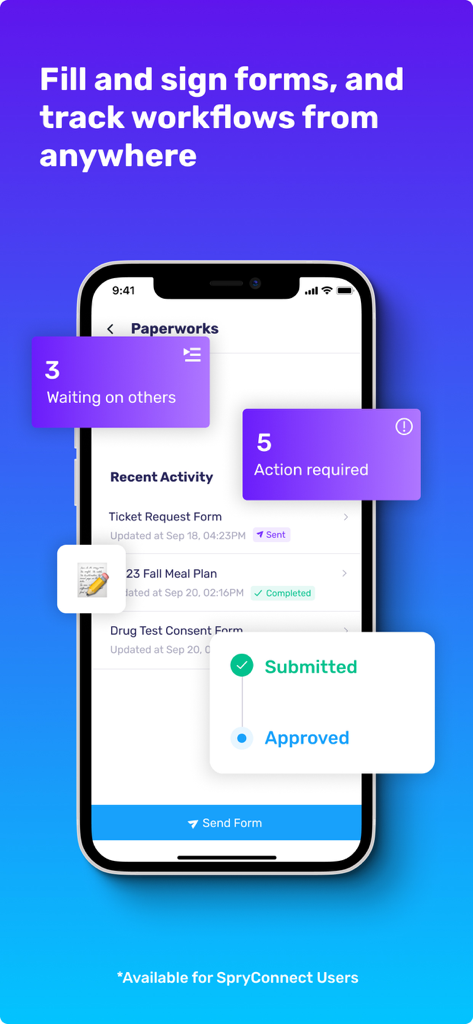 Spry+ - Interface of the Spry plus app showing paperwork management and workflow tracking for collegiate sports athletes and administrators