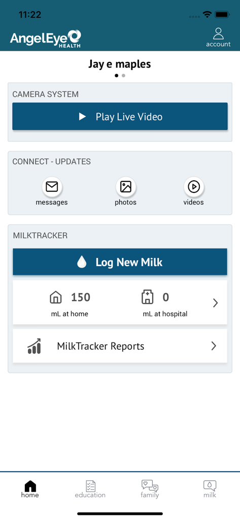 Angel Eye Mobile app dashboard with live video and milk tracking for NICU parents