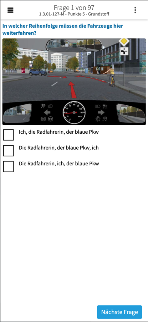 Fahrschulcard - Interface of the Fahrschulcard app showing a driving theory practice question with a 3D road simulation and multiple choice answers