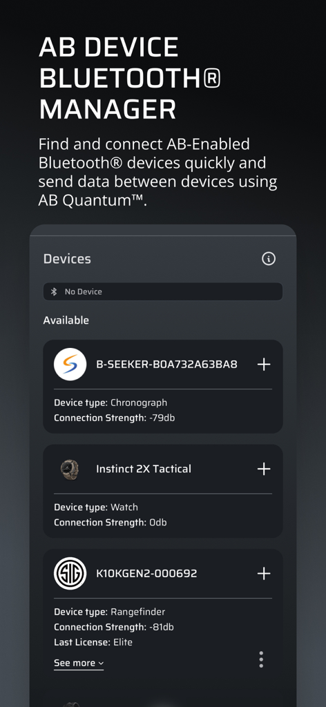 AB Quantum - AB Quantum app Bluetooth device manager interface showing list of available devices like chronographs tactical watches and rangefinders