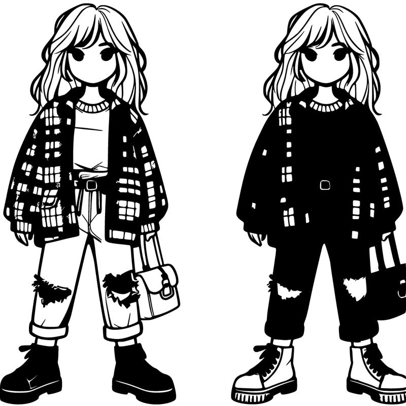 girl with plaid and black ripped jeans