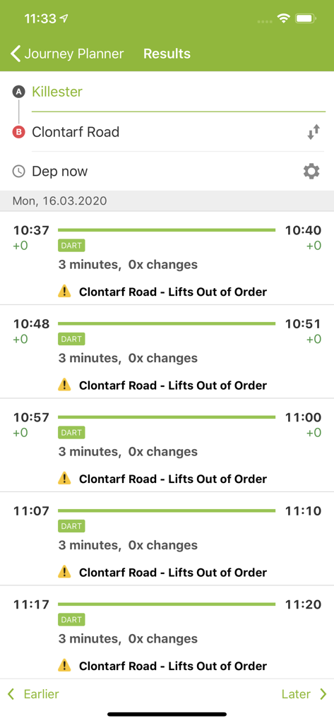 L'écran d'accueil du planificateur de voyage de l'application Irish Rail affiche les horaires des trains et les alertes de service.