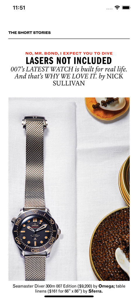 Un artículo destacado en la aplicación Esquire que muestra un reloj Omega de lujo de James Bond y curación de estilo de vida