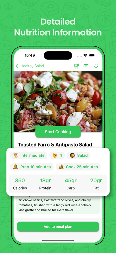 A screenshot of the Recipe Hub app showing detailed nutrition facts and macros for a salad recipe.