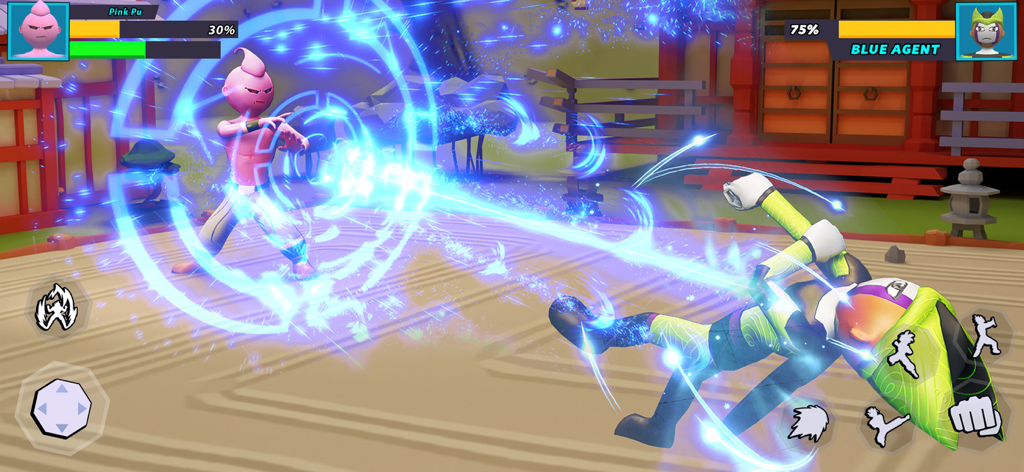 Pink stickman character performing a blue energy special move against an opponent in Stick Fight Karate Warriors.