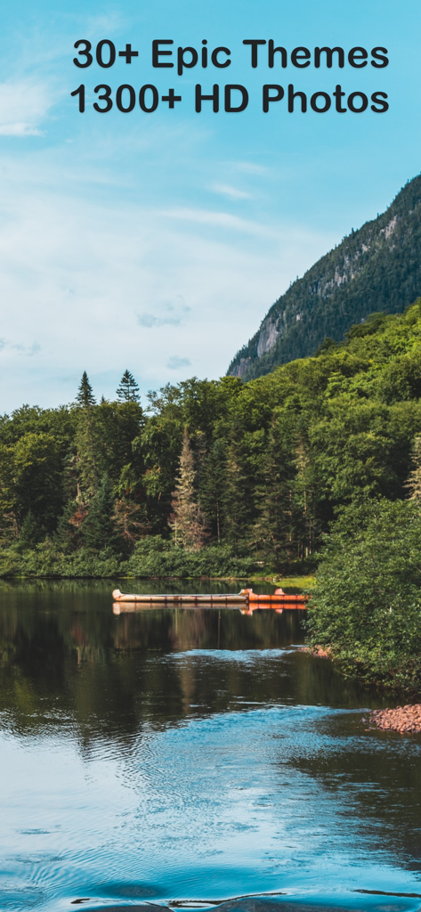 山湖と森の穏やかな風景壁紙。1,300以上のHD写真がテキストオーバーレイで強調表示されている。