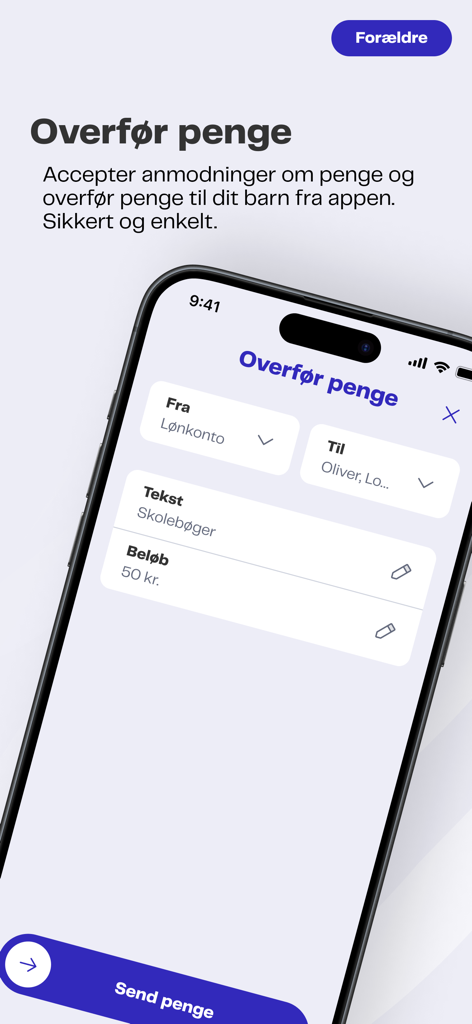 Young Money - Smartphone screen showing the Young Money app interface for parents to transfer money to their children