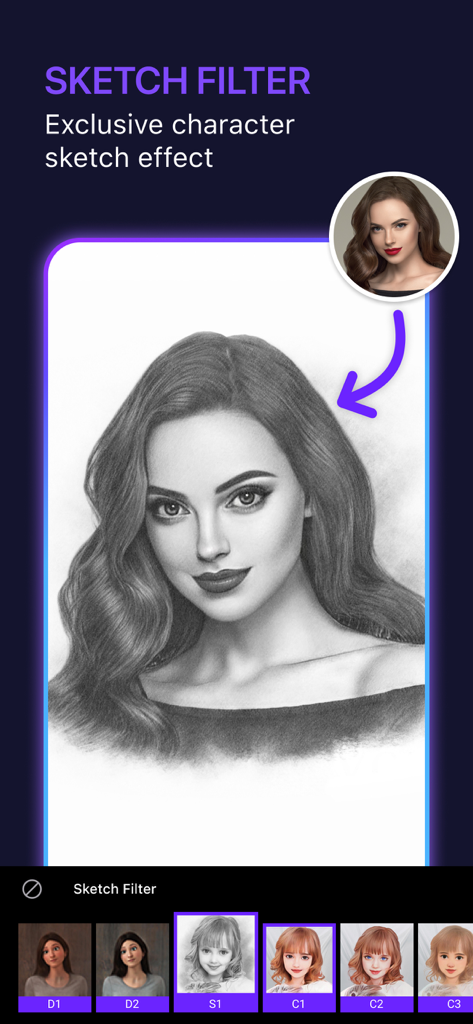 LoopArt - 3D Photo & Morph - LoopArt 앱에서 여성 초상화에 적용된 사실적인 연필 스케치 필터.