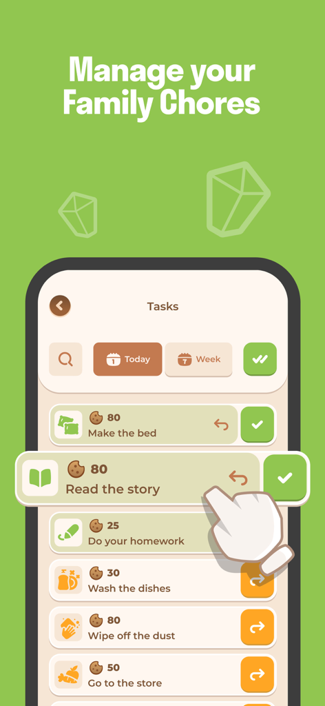 FamiLami - Habit Tracker - Interface of the FamiLami app showing a task list for children including chores and reading