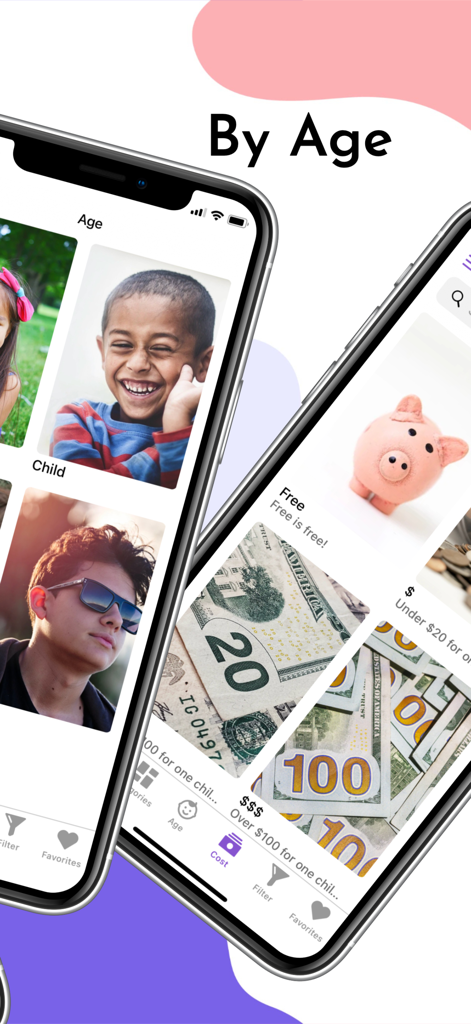 Things to Do with Kids - Zwei iPhone-Bildschirme, die die App-Oberfläche zum Sortieren von Kinderaktivitäten nach Alters- und Kostenkategorien anzeigen