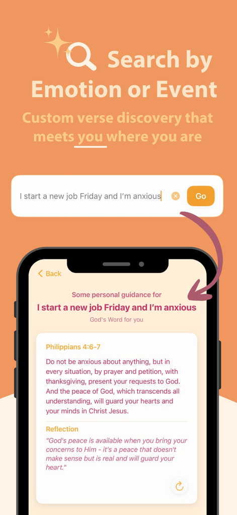 Verseful: Daily Bible & Prayer - A screenshot of Verseful Bible app demonstrating the search by emotion feature with a verse for anxiety.