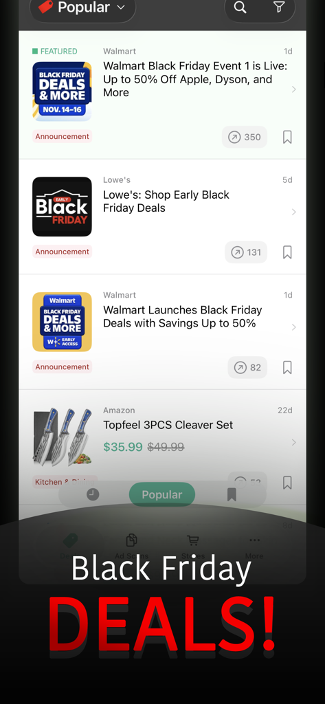 A list of popular Black Friday deals from major retailers like Walmart Lowe's and Amazon in the app interface.