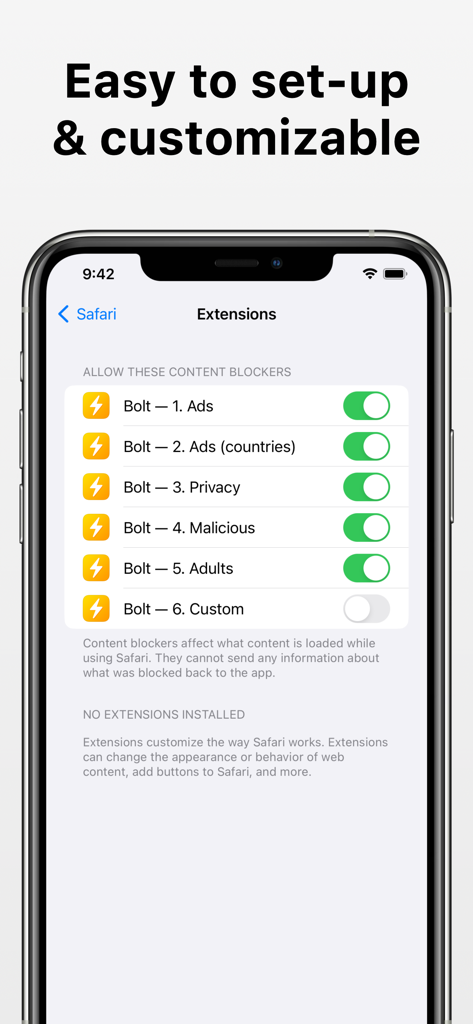 iPhone screen showing Bolt ad blocker extension settings in Safari with multiple filters enabled