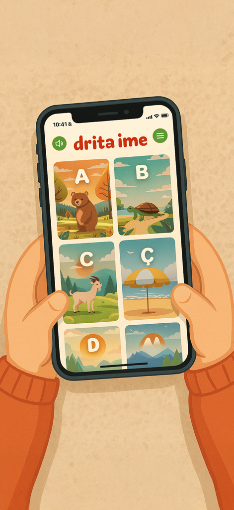 Drita ime - Interfaz de la aplicación Drita ime que muestra tarjetas ilustradas para aprender el alfabeto albanés