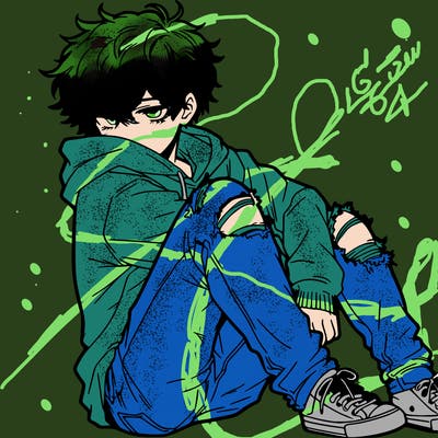 a male hoddie ripped jeans messy hair anime