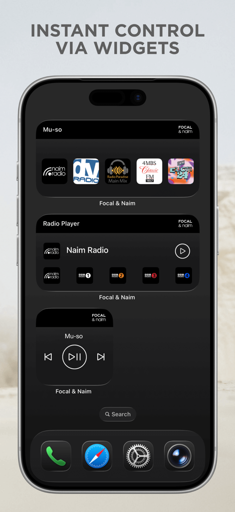 Focal & Naim - iPhone display showing Focal and Naim app widgets for music and radio playback