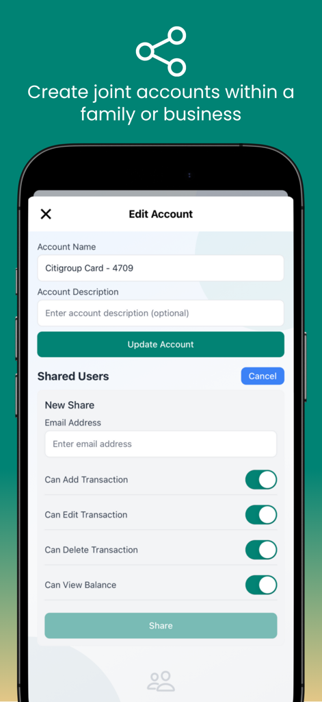 Budget and Money Manager - Oberfläche zum Teilen von Finanzkonten und Festlegen von Benutzerberechtigungen für Familie oder Unternehmen