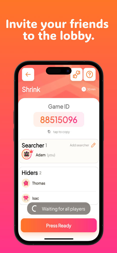 Pantalla de lobby del juego de la aplicación Gottcha que muestra un ID de juego y una lista de jugadores, incluyendo buscadores y escondidos