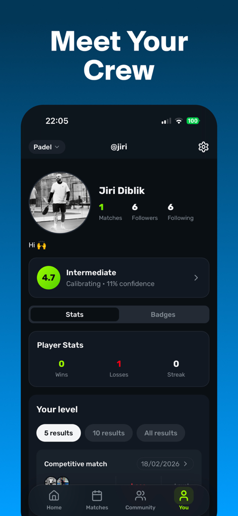 Ace: Padel Community & Rating - Ace Padel app user profile screen showing a player rating and match statistics