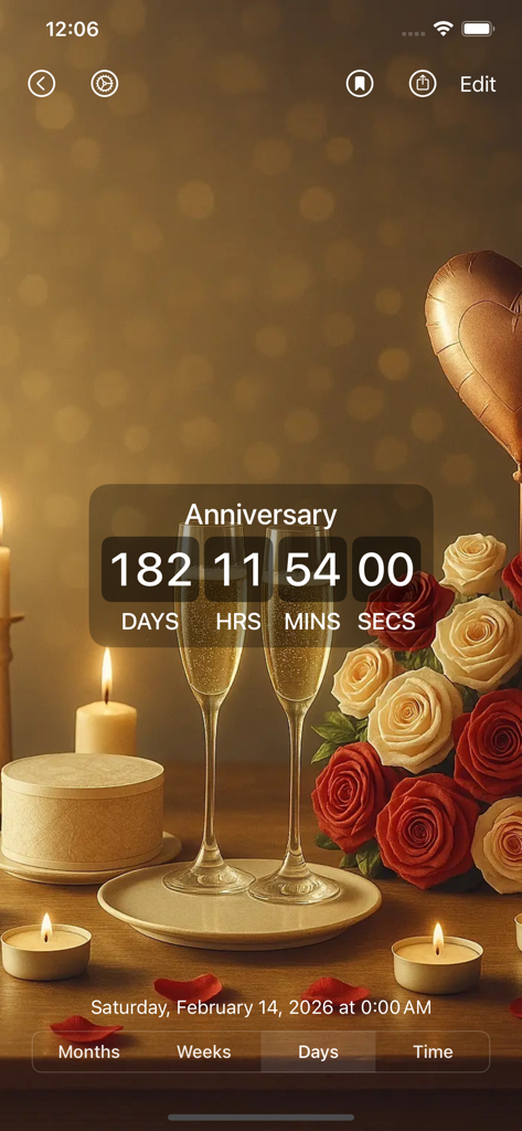 Temporizador de cuenta atrás para un aniversario con un fondo romántico de champán y rosas