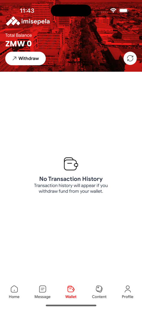 Imisepela app wallet screen showing zero balance and empty transaction history