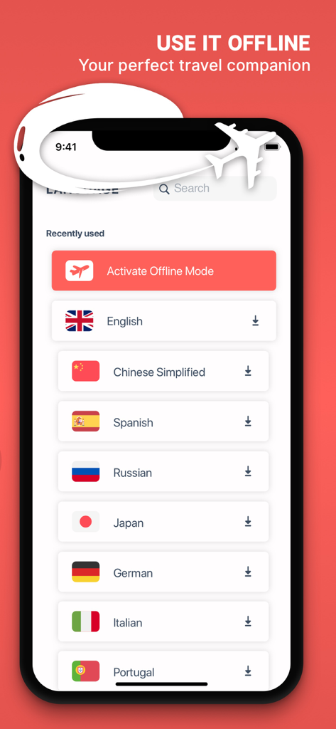 Pantalla de la aplicación que muestra el modo de traducción sin conexión con una lista de idiomas descargables para viajar