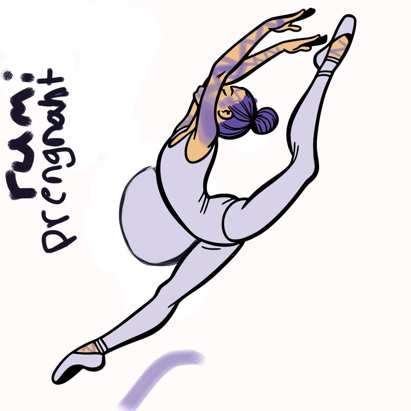 gymnast doing a leap in a leotard with a bent back leg