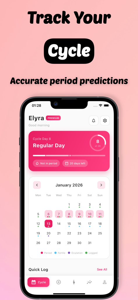 Elyra - Period & Pregnancy - Elyra 모바일 앱 대시보드에 월별 생리 추적 캘린더와 주기 상태가 표시됨