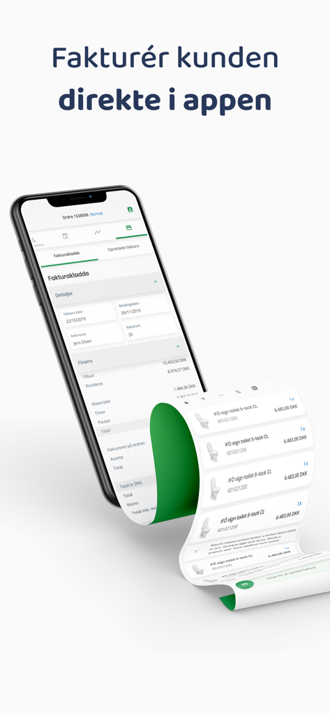 OS Worker - Mobile app interface for OS Worker showing direct customer invoicing with material and hour registration