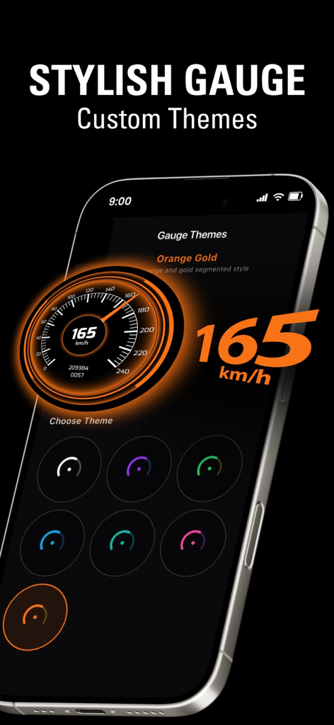 Una interfaz de aplicación móvil que muestra varios temas de medidores de velocímetro elegantes con una pantalla digital naranja
