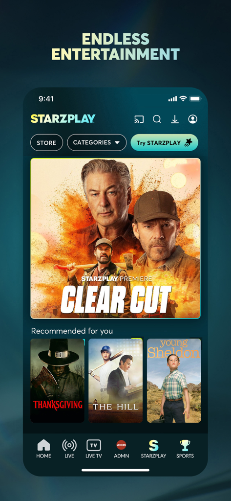 STARZPLAY ستارزبلاي - L'écran d'accueil de l'application mobile STARZPLAY propose des recommandations de films comme Clear Cut et Young Sheldon, avec un menu de navigation en bas.