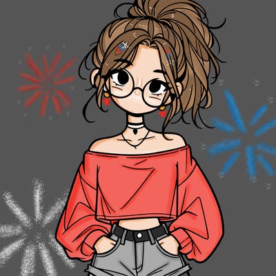 girl with a messy ponytail glasses a baggy crop top and jean shorts