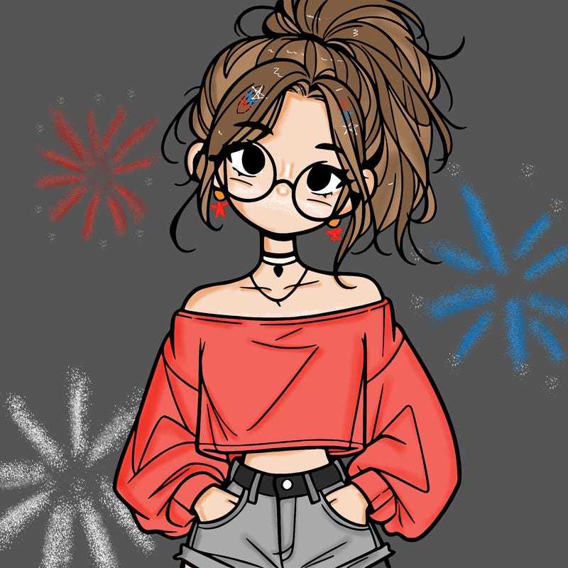 girl with a messy ponytail glasses a baggy crop top and jean shorts