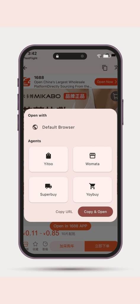 Interfaz de la aplicación Ctranslator que muestra opciones para abrir enlaces de 1688 con agentes de compras de terceros, incluidos Superbuy y Yoybuy.