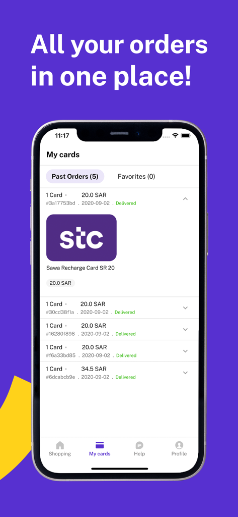 Rasseed App-Oberfläche zeigt eine Liste vergangener Bestellungen für digitale Geschenkkarten, einschließlich einer STC Sawa Aufladekarte