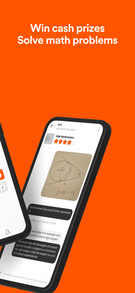 Qanda Teacher : Solve and earn - Smartphone screen displaying a geometry math solution and text about winning cash prizes on the Qanda Teacher app.