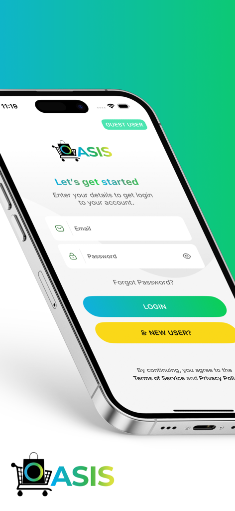Oasis Marketplace - Login screen of the Oasis Marketplace mobile app showing email and password fields on a smartphone.