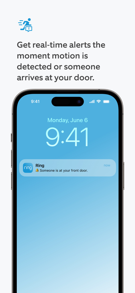 Un smartphone affichant une notification de l'application Ring indiquant que quelqu'un est à la porte d'entrée.