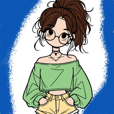 girl with a messy ponytail glasses a baggy crop top and jean shorts