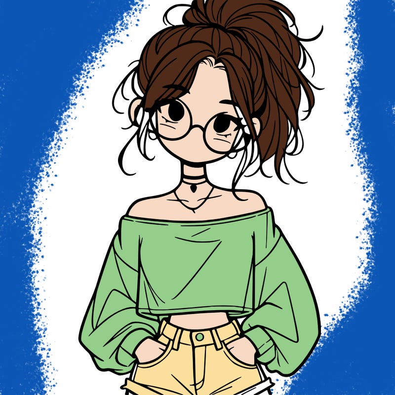 girl with a messy ponytail glasses a baggy crop top and jean shorts