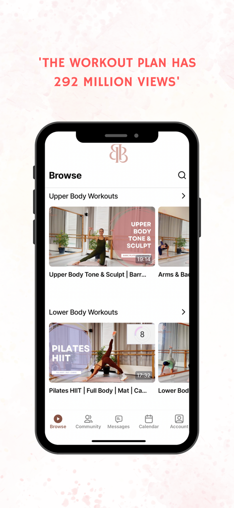 Body By Barre Studio - Browse screen of the Body By Barre Studio app displaying upper and lower body workout options.