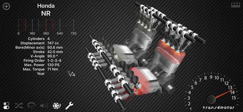 Trans4motor - Engine Simulator - Animação 3D transparente de um motor Honda NR com especificações técnicas no aplicativo Trans4motor