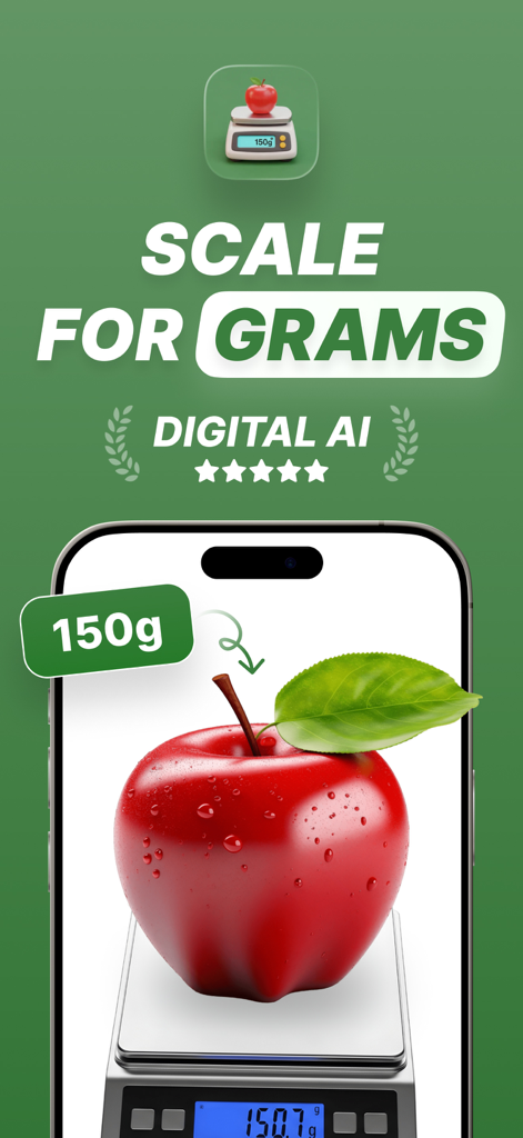Scale For Grams Weighing AI app interface showing a red apple on a digital scale on an iPhone screen