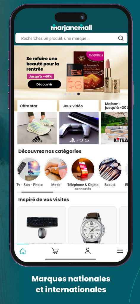 Homepage of the marjanemall app displaying categories like electronics and beauty with promotional banners for national and international brands