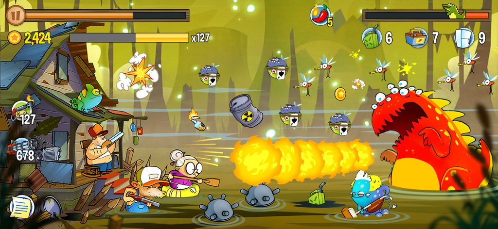 Battle scene in Swamp Attack showing home defense against swamp monsters